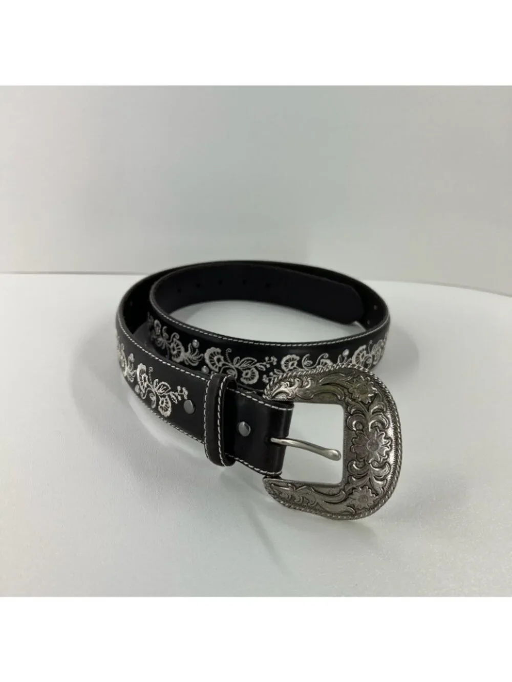 Shyanne Floral Embroidered Crystal Western Belt Sz L Silver Buckle Leather Brown